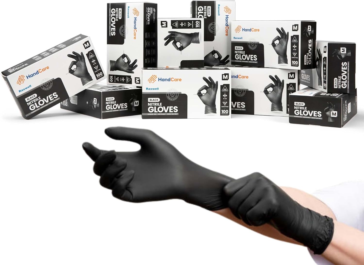 HandCare 6 Mil Black Nitrile Disposable Gloves, Powder-Free & Latex-Free for Cleaning, Food Prep & Tattoo