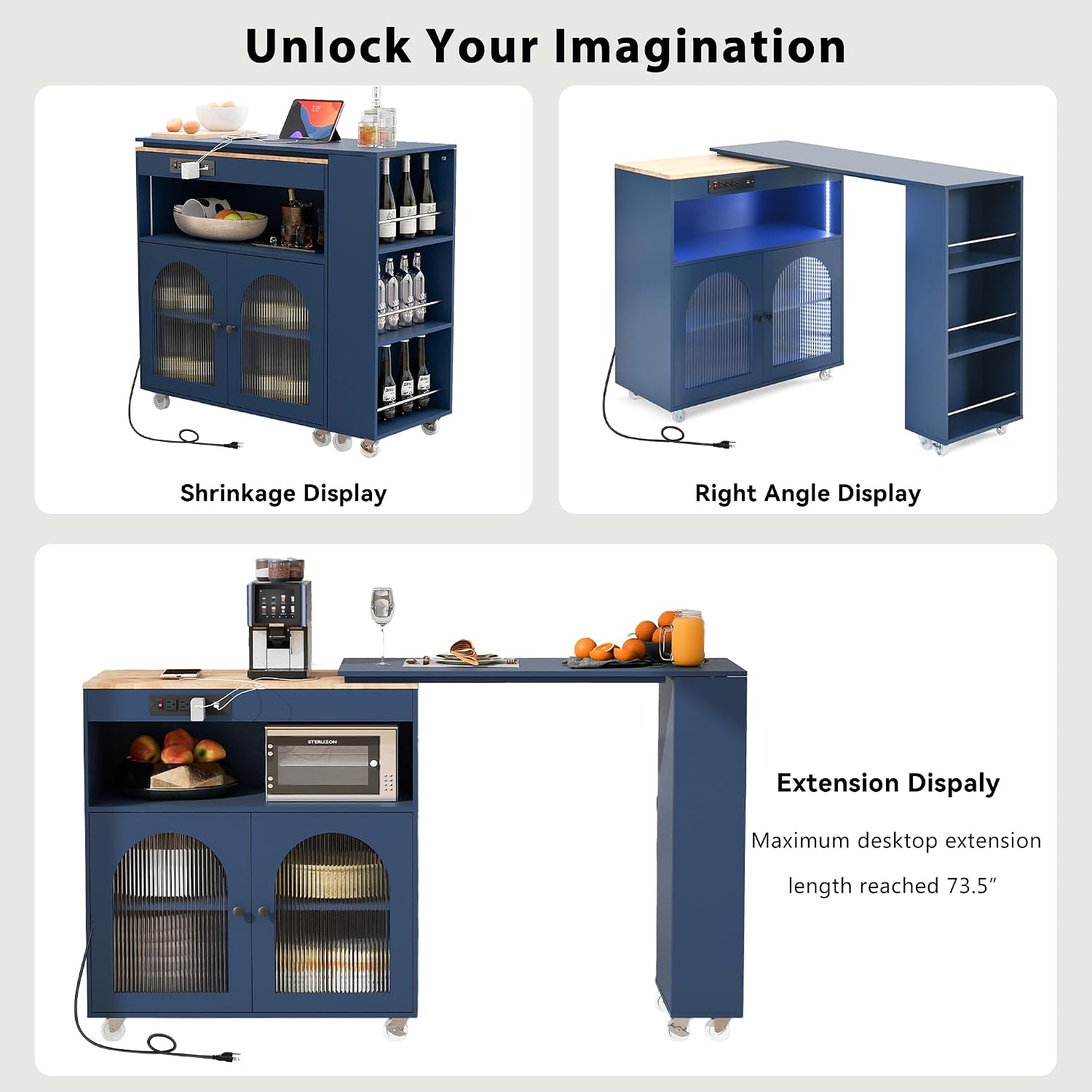 Rolling Kitchen Island W/Extended Table, Kitchen Island On Wheels with LED Lights,Power Outlets and 2 Fluted Glass Doors,Kitchen Island with a Storage Compartment&Side 3 Open Shelves ( Dark blue )