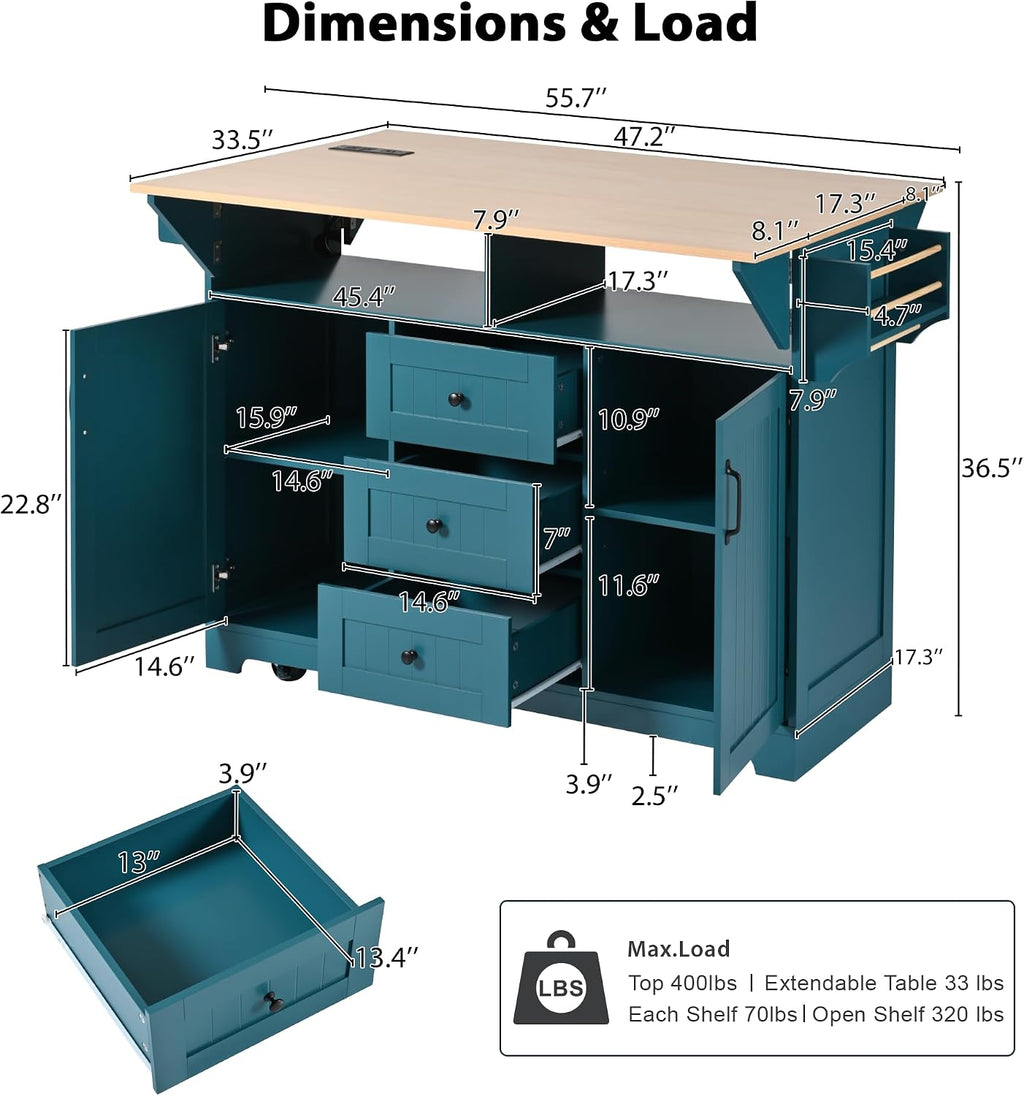 Modern Large Kitchen Island with 2 Drop Leaf, Rolling Kitchen Cart on 5 Wheels with Power Outlet, Folding Storage Dining Table for Kitchen, Dining Room