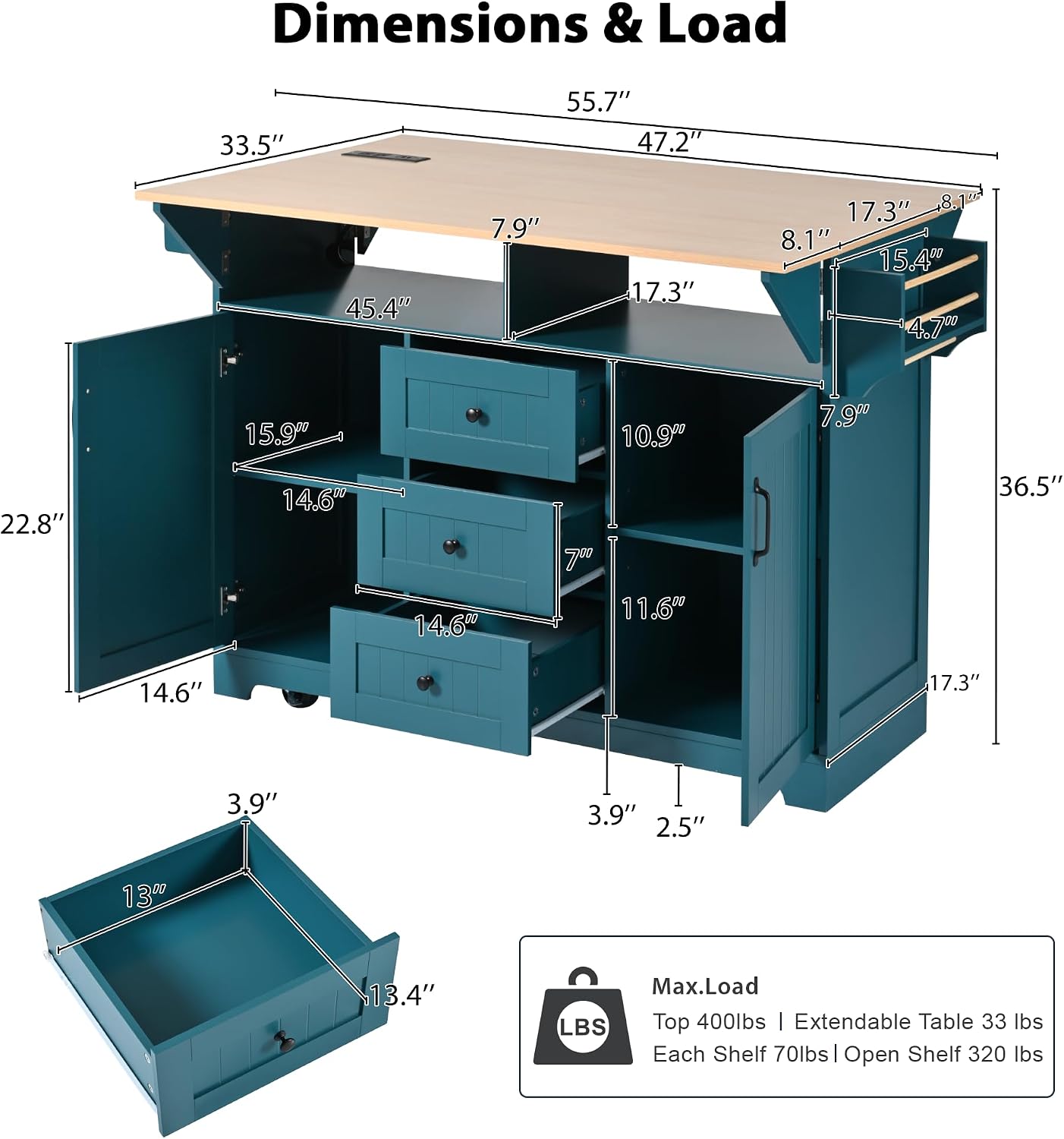 Modern Large Kitchen Island with 2 Drop Leaf, Rolling Kitchen Cart on 5 Wheels with Power Outlet, Folding Storage Dining Table for Kitchen, Dining Room