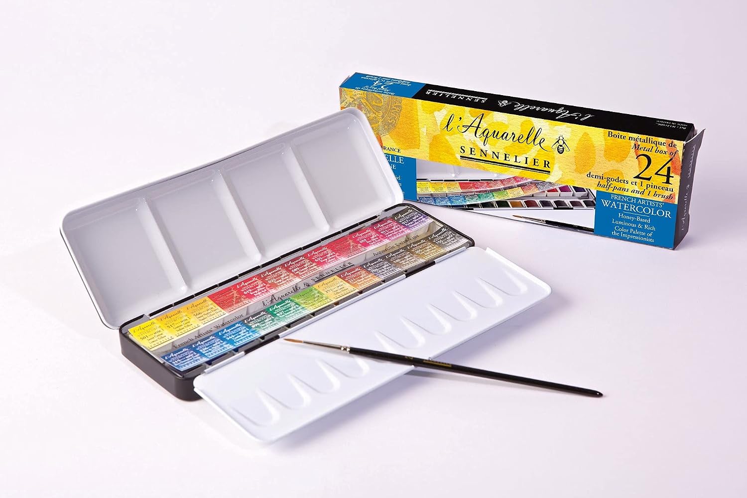 SENNELIER French Watercolor Painting Set, 24 Vibrant Colors in Half Pans, Metal Case and Palette