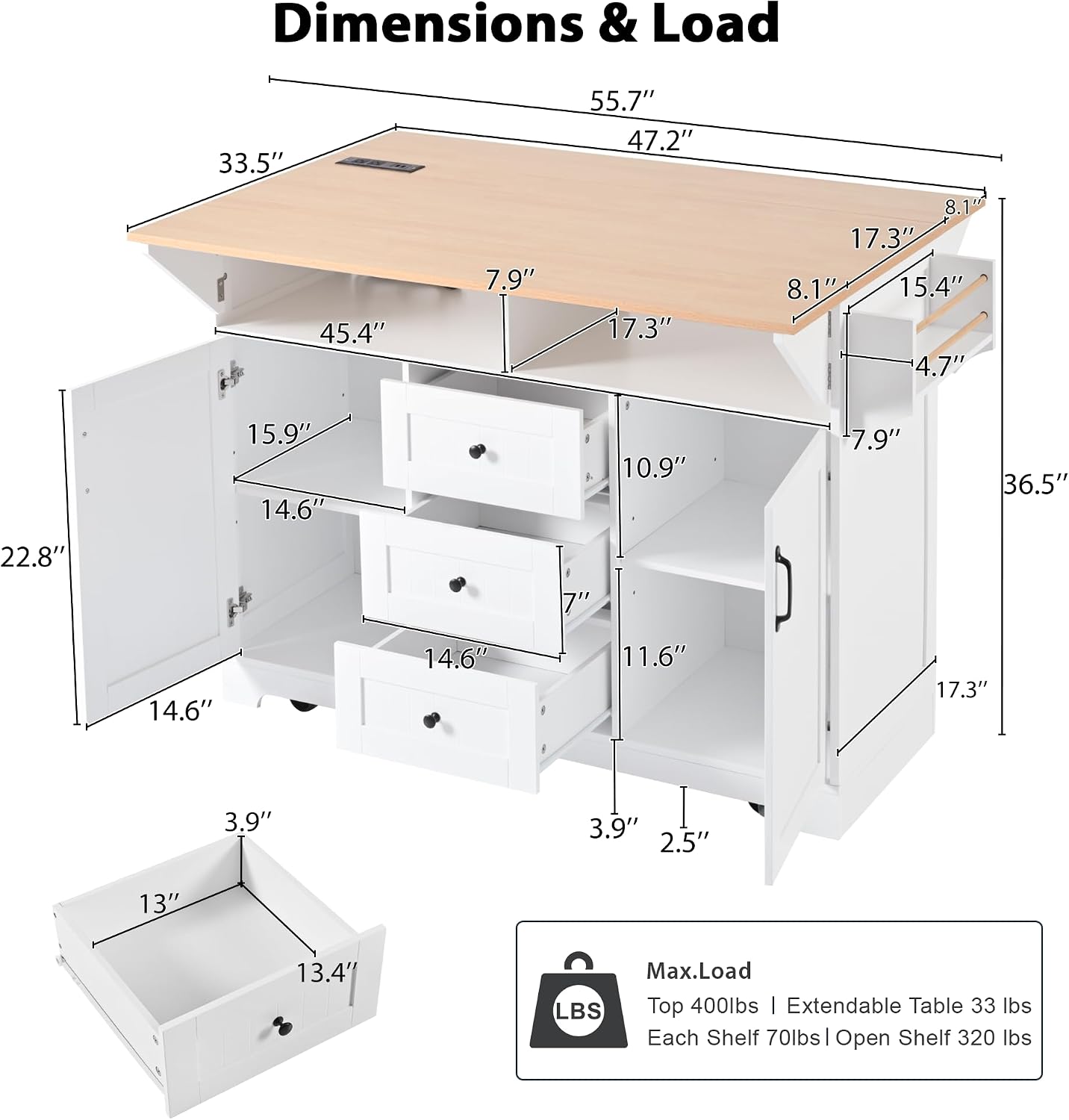 Kitchen Island with 2 Drop Leaf, Home Cart Island on Wheels Foldable Dining Table with Power Outlets,3 Drawers,Storage Cabinet, Tower Rack(White)