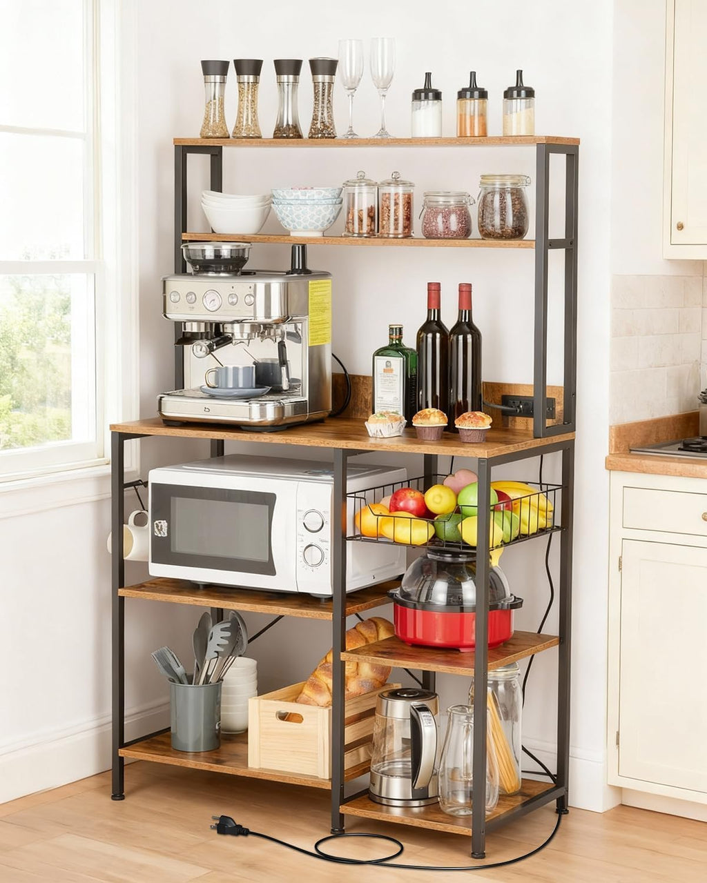 Rustic Brown Bakers Rack with Power Outlet - 4-Tier Kitchen Storage Shelf - Microwave Stand, Coffee Bar Table, 5 S Hooks, Metal & Wood Organizer for Spices and Pots - 35 * 60 inch