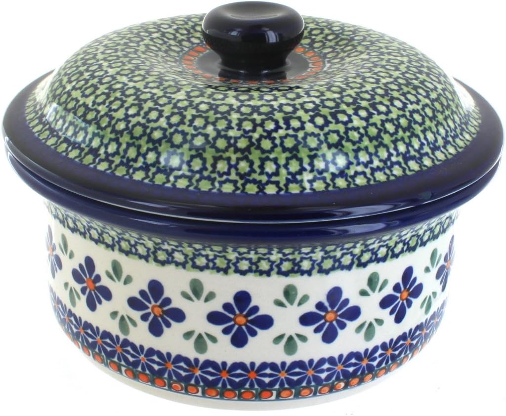 Blue Rose Polish Pottery Mosaic Flower Round Baker with Lid