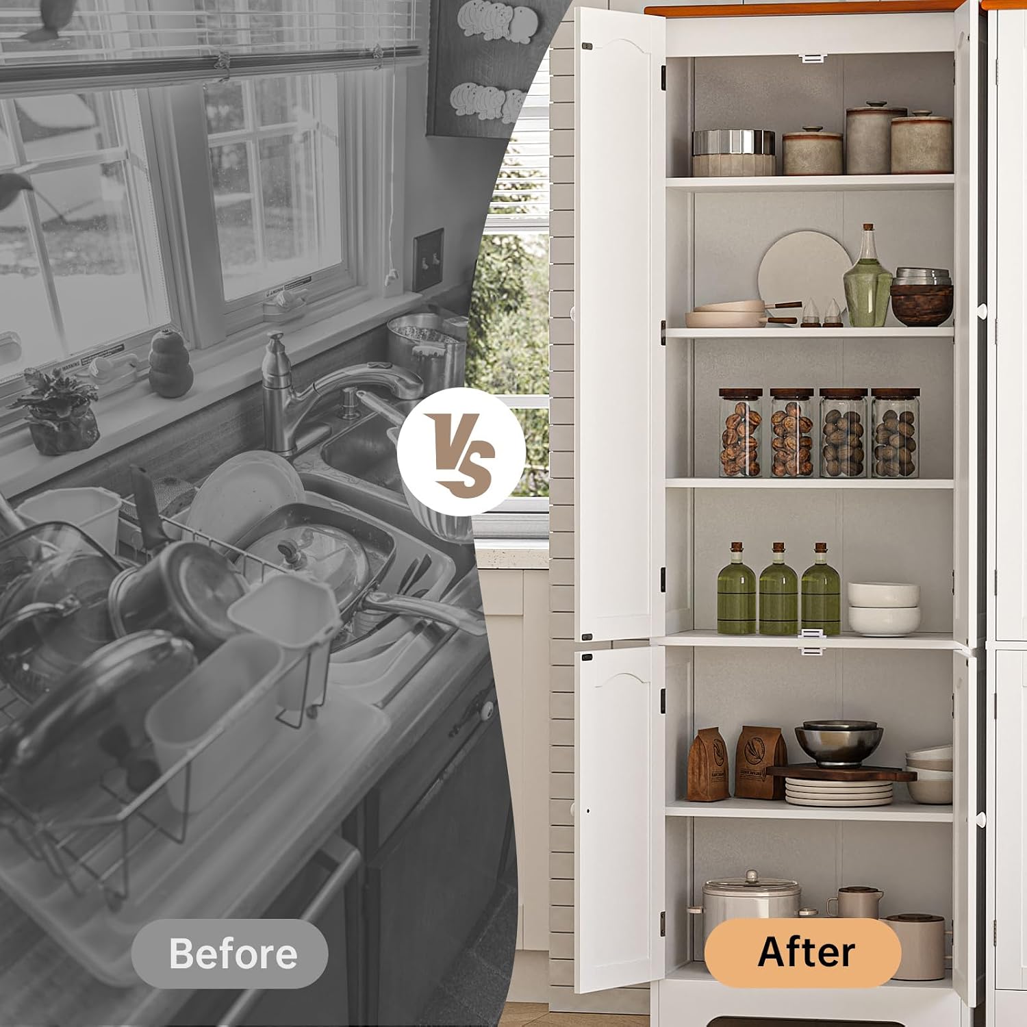 Wood Storage Cabinet- 72.2'' Pantry Cabinets for Kitchen Storage, 4 Door Freestanding Cupboard, Tall Narrow Storage Cabinets for Bathroom, Dining Room, Living Room, Laundry, Garage, Entryway,White