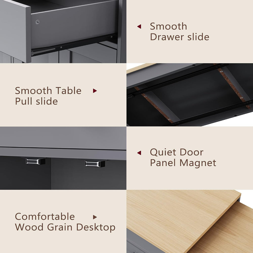 74.5 inch Kitchen Island with Extendable Dining Table, Rolling Kitchen Island on Wheels with Spice Rack and 2 Drawers, Kitchen Storage Cart with 4 Door Cabinet, for Kitchen, Dining Room (Grey/E)