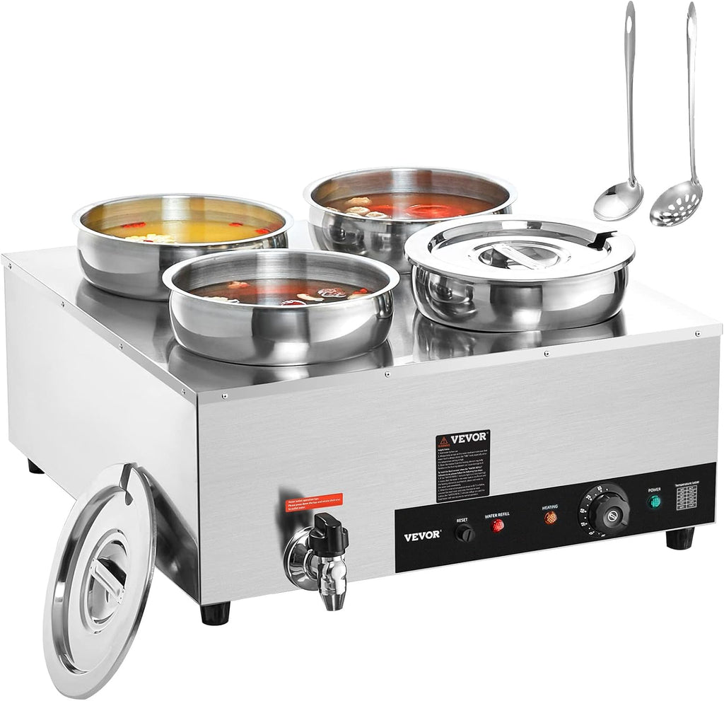 ETL Listed VEVOR Electric Soup Warmer, Four 7.4QT Stainless Steel Round Pot 86~185°F Adjustable Temp, 1500W Commercial Bain Marie with Anti-Dry Burn, Soup Station for Restaurant, Buffet, Silver