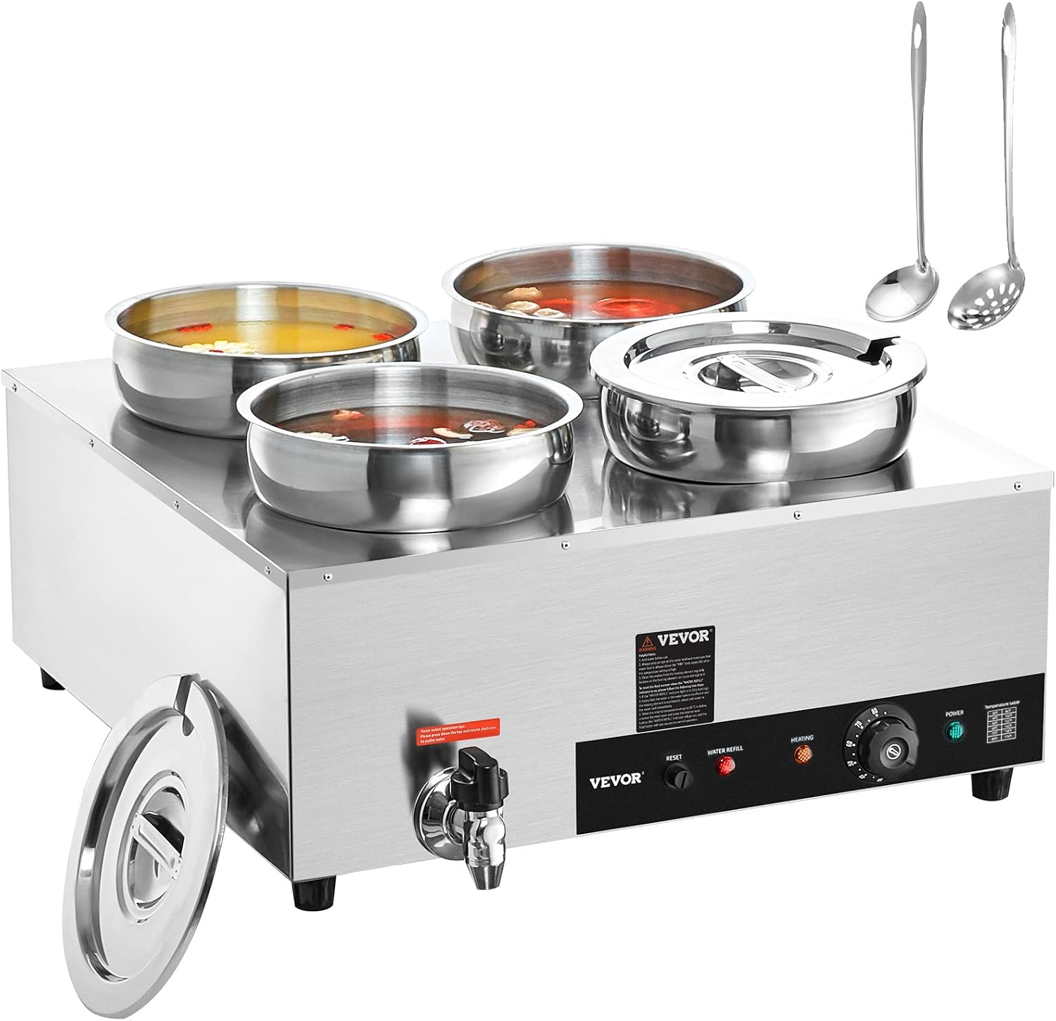 ETL Listed VEVOR Electric Soup Warmer, Four 7.4QT Stainless Steel Round Pot 86~185°F Adjustable Temp, 1500W Commercial Bain Marie with Anti-Dry Burn, Soup Station for Restaurant, Buffet, Silver