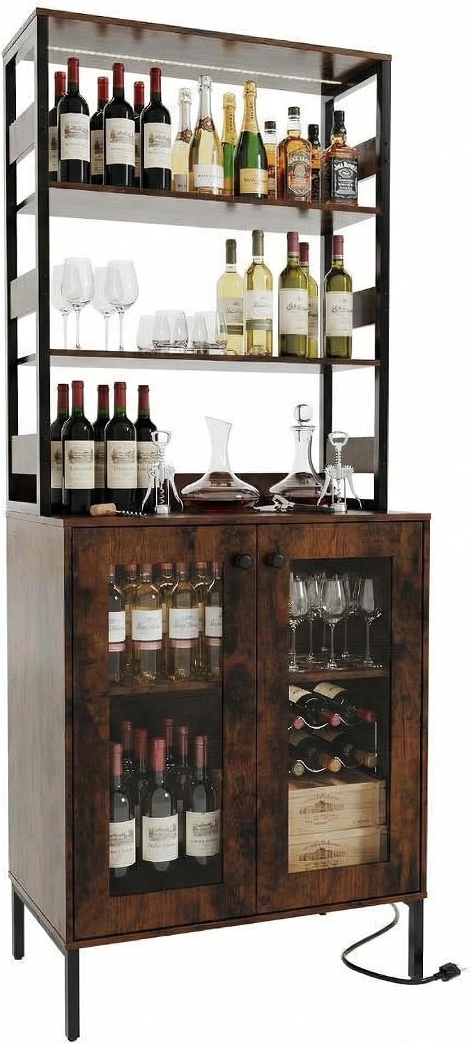 66.9' Bar Cabinet with Power Outlets & LED Lights, Pantry Cabinet with Glass Doors, Kitchen Bakers Rack, Microwave Stand Bakers Rack Cabinet for Dining Room, Living Room, Hallway