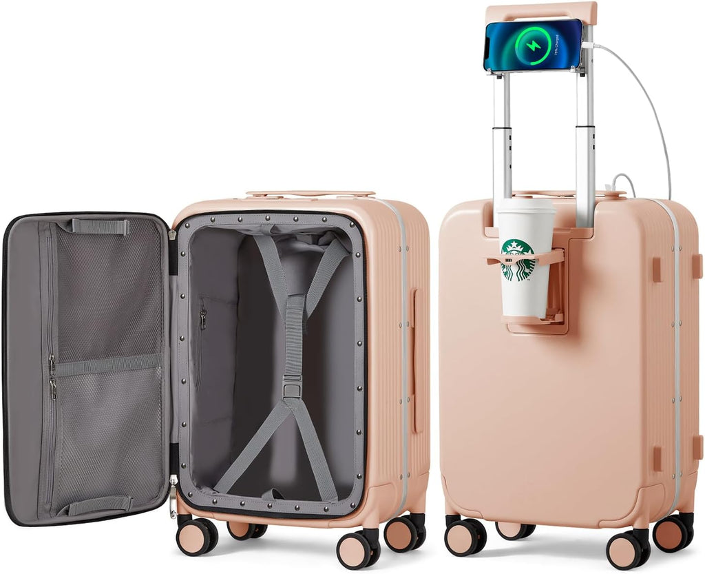mixi Carry On Luggage with Cup Phone Holder and Charger Hard Shell Suitcases with Spinner Wheels,20 Inch Light Pink