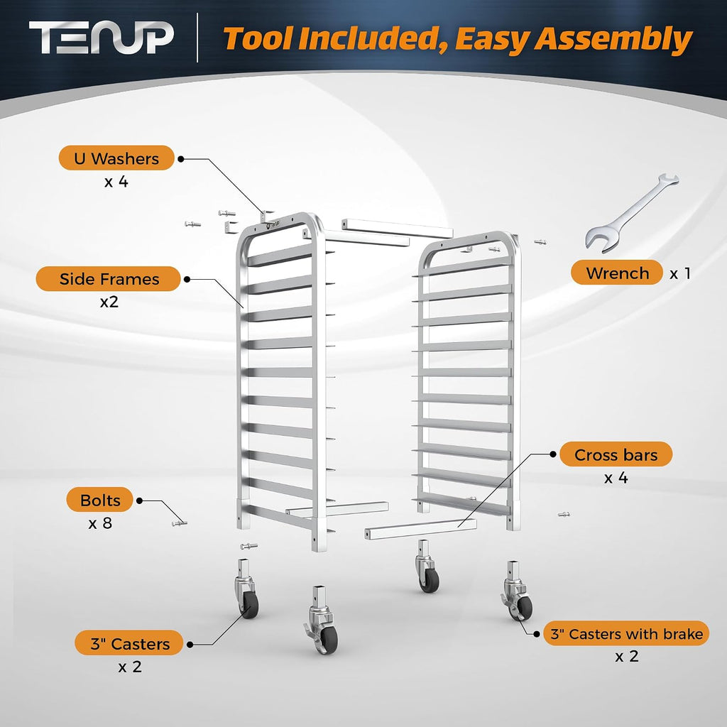 TenUp 10-Tier Half Size Sheet Pan Rack, Heavy-Duty Aluminum Bakery Rack with Wheels – Commercial Cooling & Storage Cart – 18' L x 15.5' W x 36' H