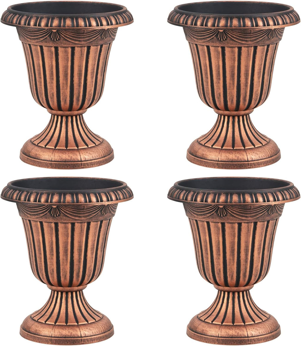 Giantex 18' Tall Vintage Planters Set of 4, Urn Plastic Flower Pots with/Pedestal Base & Pre-Marked Drain Hole, Indoor Outdoor Decorative Plant Containers for Front Porch Home Wedding (Bronze)