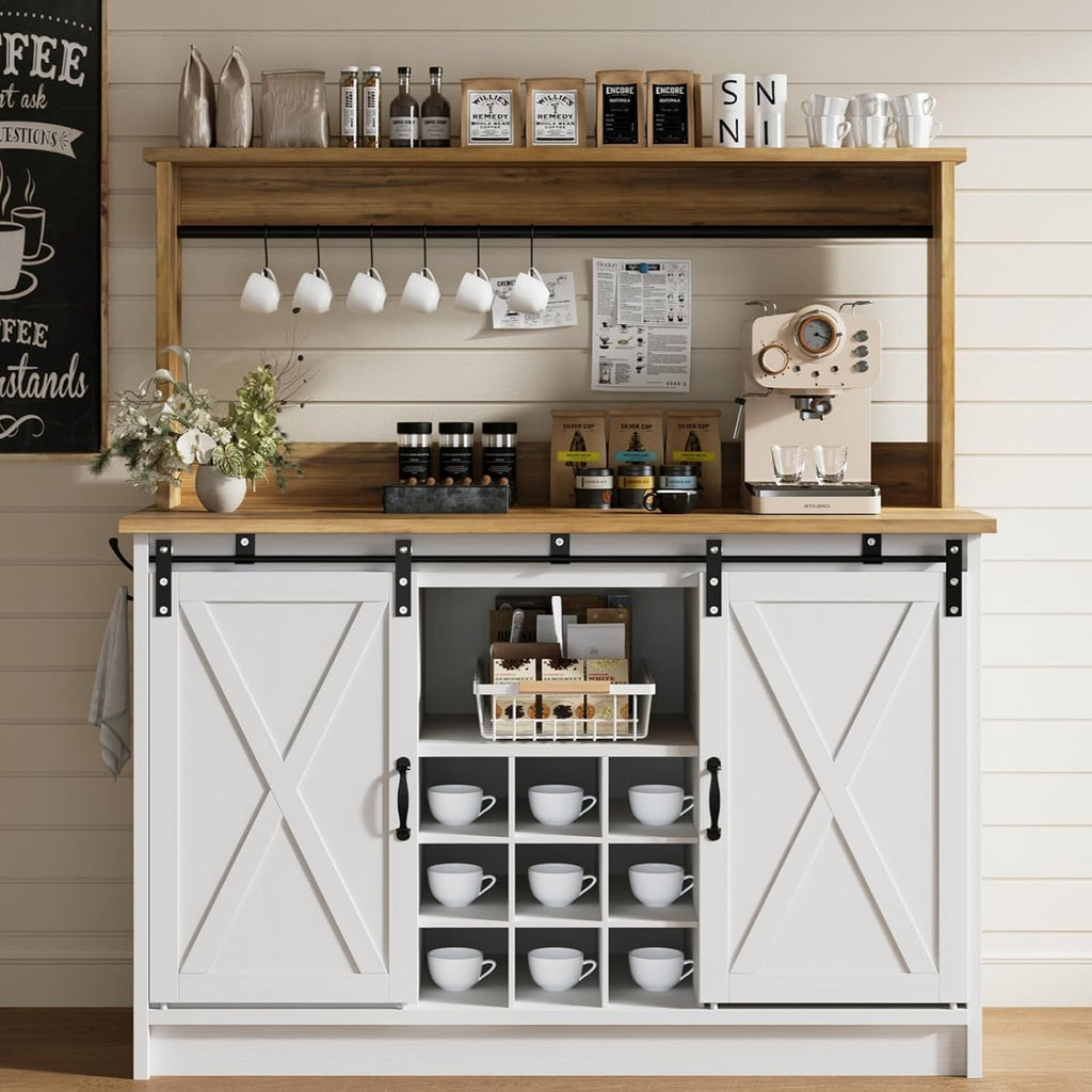 4ever2buy Farmhouse Coffee Bar Cabinet with Hutch, 47 Inch Buffet Cabinet with Storage, White Wine Bar with 9 Wine Racks and 6 Hooks, Coffee Bar Table with Adjustable Shelves for Living Dining Room