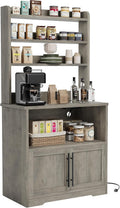 TrailBlaze Farmhouse Bakers Rack – Storage Cabinet & Thickened Tabletop – Power Outlets & USB Ports – Coffee Bar Shelf for Dining Room – Color: Grey, US Standard Power