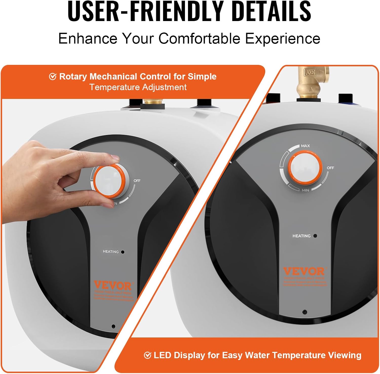 VEVOR Electric Mini-Tank Water Heater 8-Gallon Tank, 1440W Hot Water Boiler Storage, Safety Temperature Pressure Valve Easy Install, for Kichen Bathroom Restaurant, Shelf Wall Floor Mounted