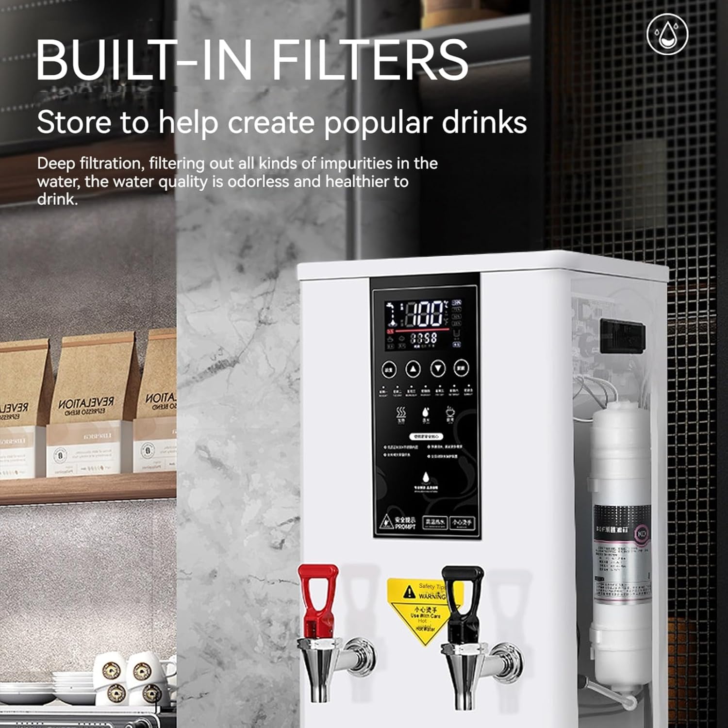 Commercial Electric Hot Water Dispenser 2500W with LCD Touchscreen & Built-in Water Purifier, Silver 220V - Professional Kitchen Appliance for Instant Hot Water