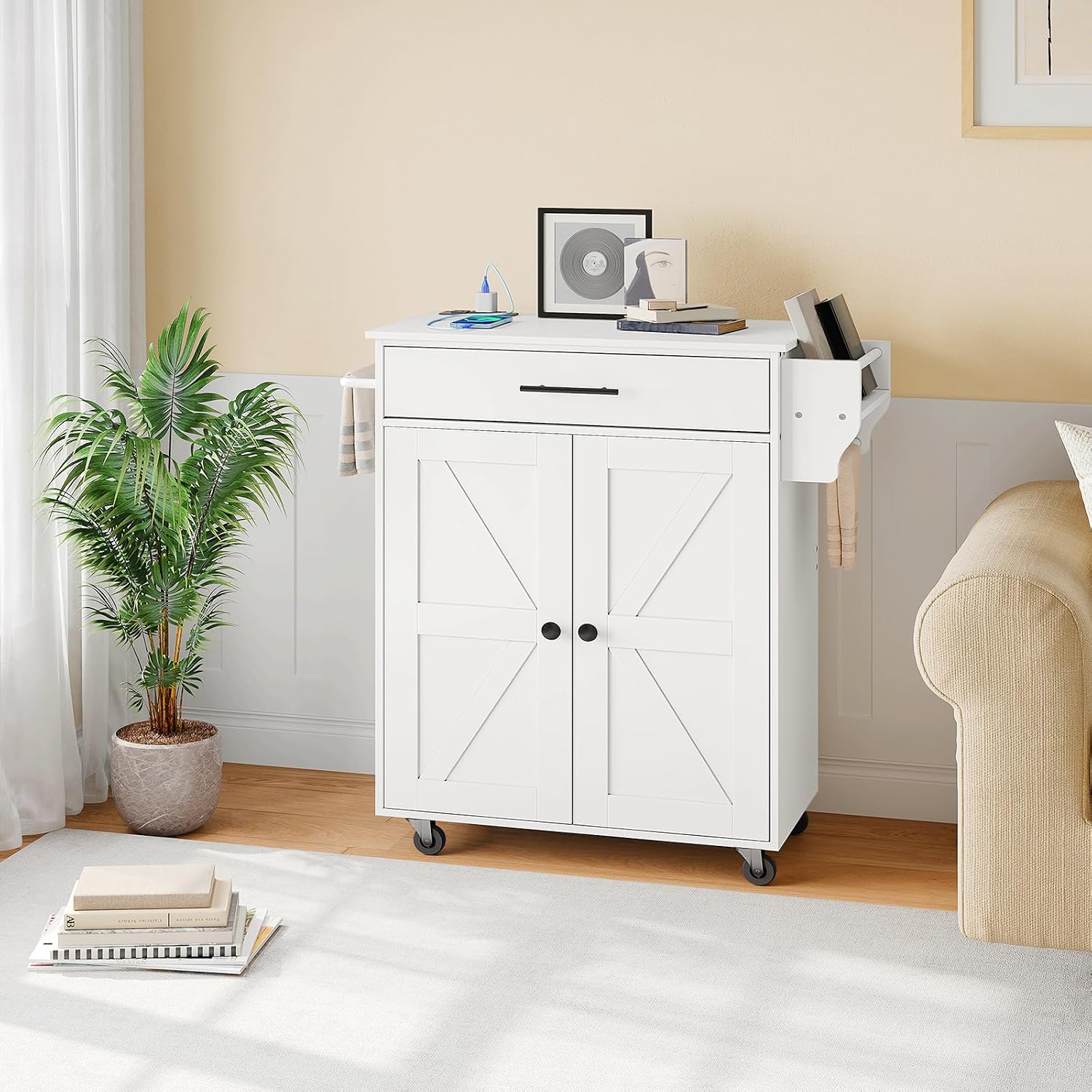 HOOBRO Kitchen Island and Kitchen Island with Outlet Bundle, Kitchen Storage Island with Spice Rack and Drawer, Rolling Kitchen Cart on Wheels, for Home and Dining Room, White WN82UZD01G1-WT88UZD01