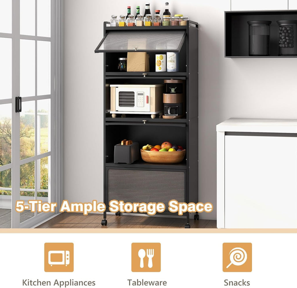 SIMOE Black 5-Tier Kitchen Storage Cabinet, Mobile Microwave Stand with Flip-Up PC Doors, Freestanding Baker's Rack with 4 Rolling Casters for Dining Room, Living Room and Study