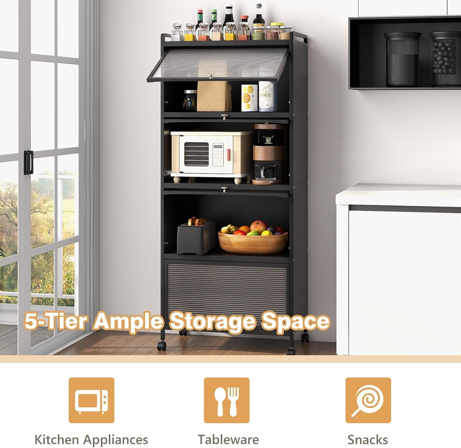 SIMOE Black 5-Tier Kitchen Storage Cabinet, Mobile Microwave Stand with Flip-Up PC Doors, Freestanding Baker's Rack with 4 Rolling Casters for Dining Room, Living Room and Study