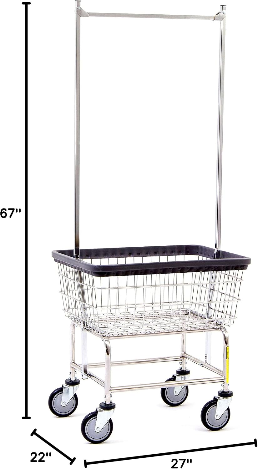 R&B Wire® 100E58 Heavy Duty Wire Laundry Cart with Double Pole Rack | 2.5 Bushel | Steel Frame with Chrome Finish | Commercial Laundry Basket | Industrial Bumper | 5' Clean Wheel System™ Casters
