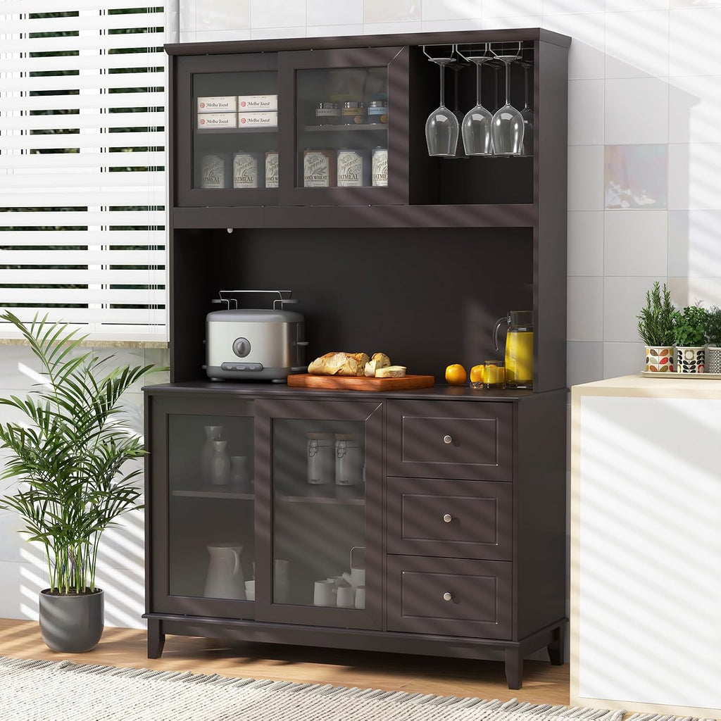 Giantex 73' Kitchen Pantry Storage Cabinet, Hutch Cabinet with LED Lights & Power Outlet, Kitchen Buffet Sideboard w/Wine Glass Racks, Countertop, Adjustable Shelf, Drawers for Dining Room (Espresso)