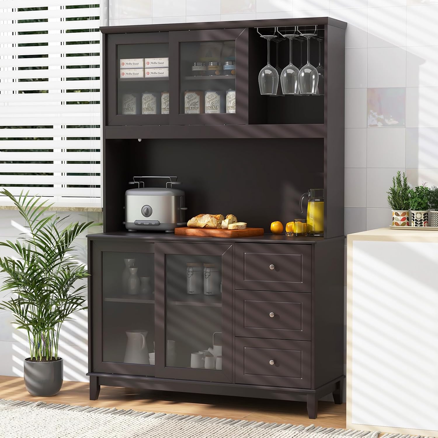 Giantex 73' Kitchen Pantry Storage Cabinet, Hutch Cabinet with LED Lights & Power Outlet, Kitchen Buffet Sideboard w/Wine Glass Racks, Countertop, Adjustable Shelf, Drawers for Dining Room (Espresso)