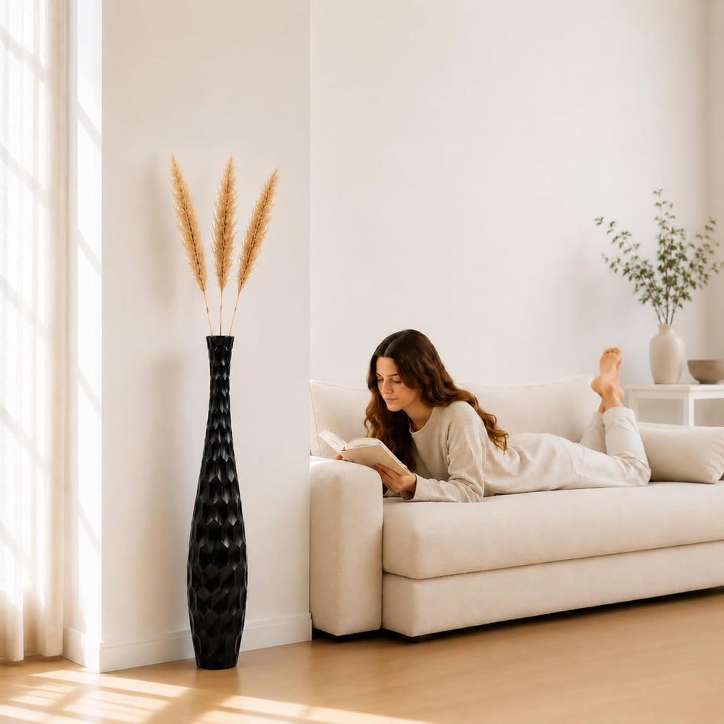 Leewadee Large Black Home Decor Floor Vase - Wooden 34 inch Tall Farmhouse Decor Flower Holder for Fake Plant and Pampas Grass