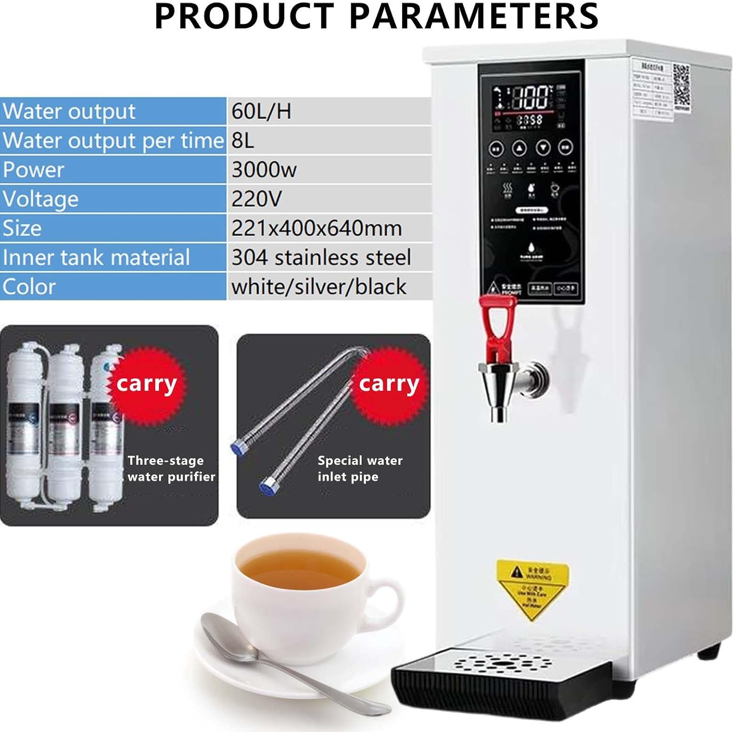 3000 w Electric Hot Water Dispenser,60L/h Large Output,Stainless Steel Commercial Instant Boiling Machine,Built-in Water Purifier,White