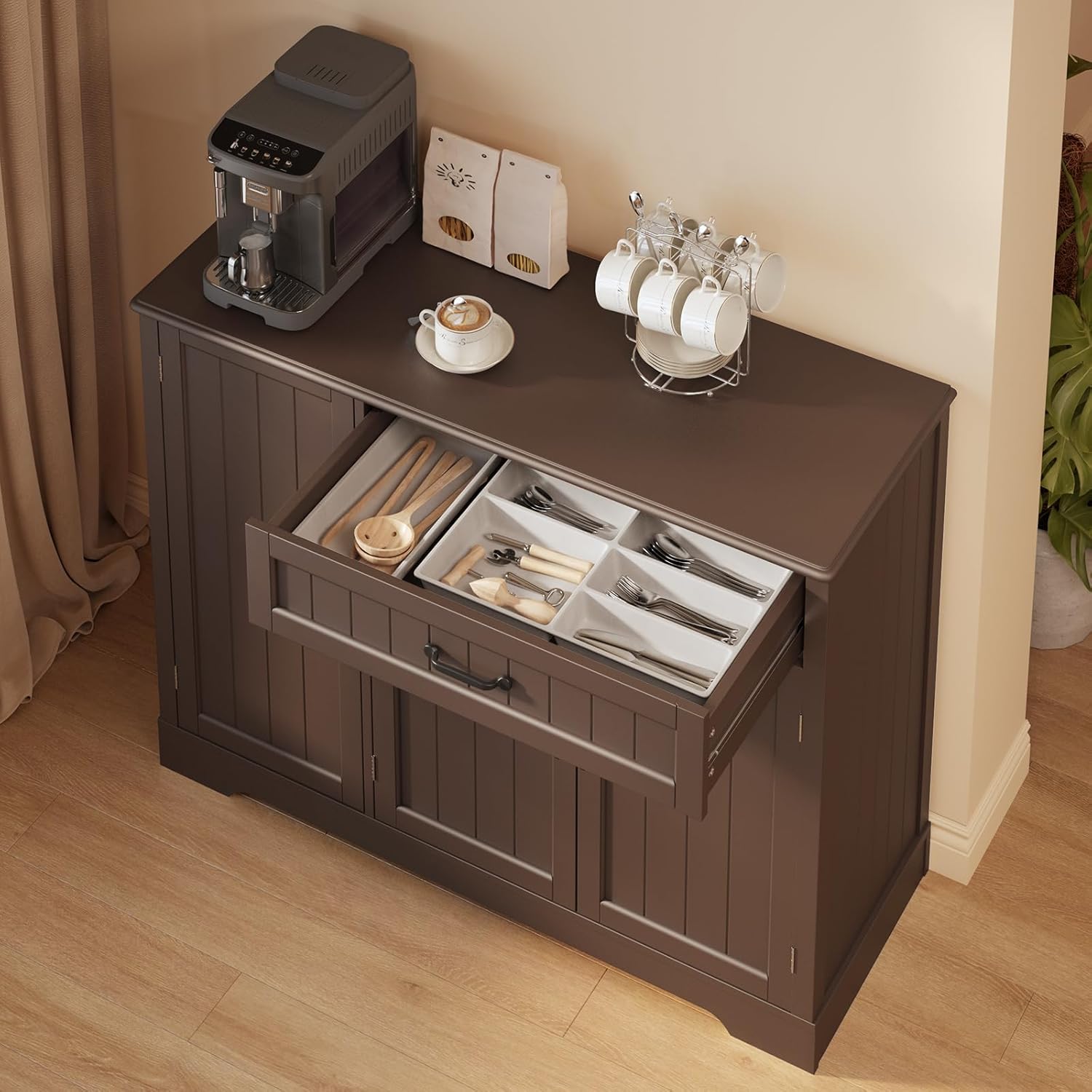 Gizoon Kitchen Coffee Bar Cabinet with Storage Kitchen Sideboard Buffet Cabinet with Drawers, Short Pantry with Door and Shelves for Bathroom and Living Room, Dark Brown, Painted
