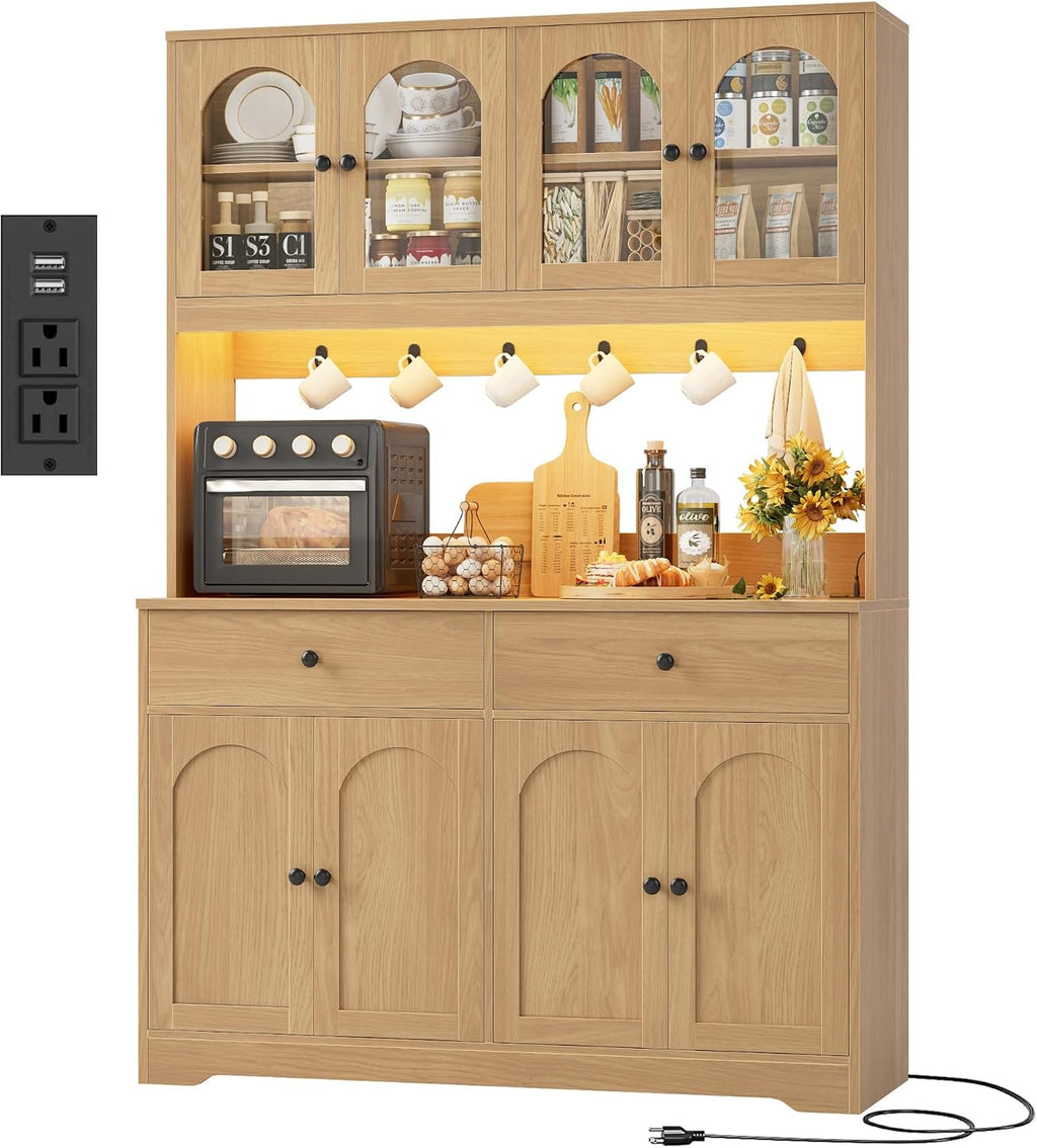HIFIT 71' LED Kitchen Pantry Cabinet with Power Outlet, Large Kitchen Hutch Storage Cabinet with Arched Door & Shelves & 2 Drawers, Tall Modern Coffee Bar w/Hutch for Home Dining Living Room, Natural