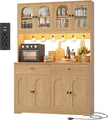 HIFIT 71' LED Kitchen Pantry Cabinet with Power Outlet, Large Kitchen Hutch Storage Cabinet with Arched Door & Shelves & 2 Drawers, Tall Modern Coffee Bar w/Hutch for Home Dining Living Room, Natural