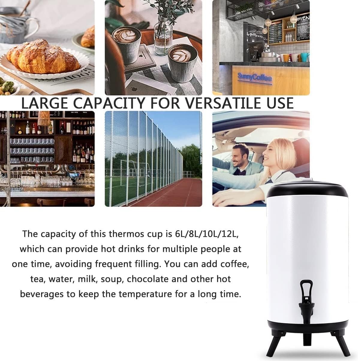6L 8L 10L 12L Urn Boiler Hot and Cold Water Dispenser Stainless Steel Tea Hot Water Bottle with Faucet Portable Handle Large Capacity Sealing for Catering Office Hotels Party (Color : White, Size :