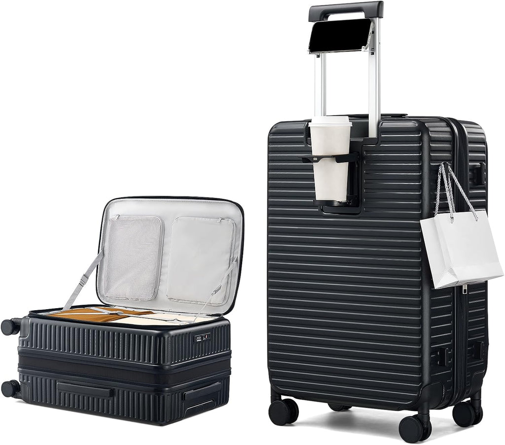 HanTrip Hard Shell Suitcases 24 Inch Check in Luggage with Spinner Wheels Cup Holder, Lightweight Top Opening Expandable Luggage Hard Case Rolling Medium Checked Suitcase with Lock, Black