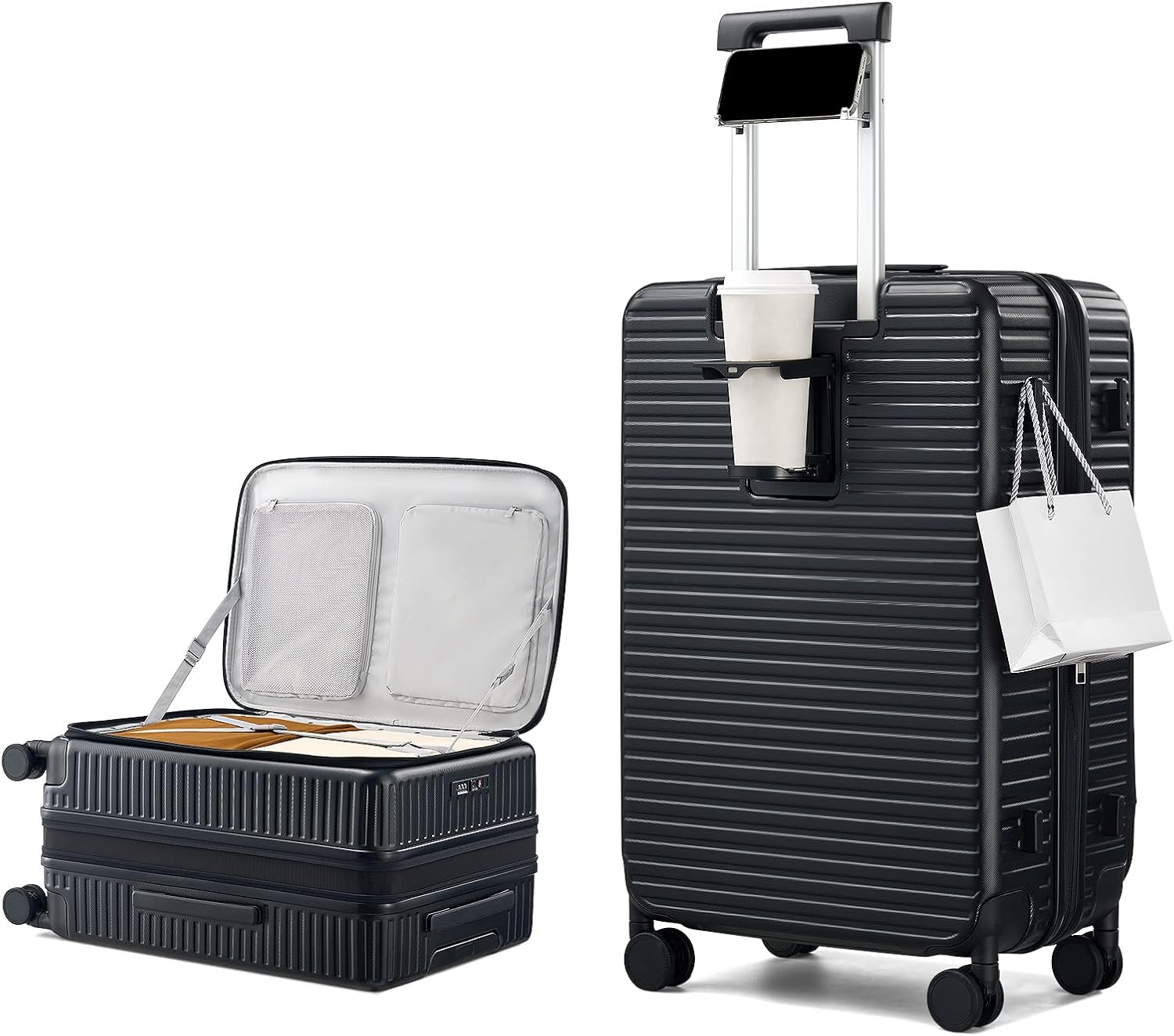 HanTrip Hard Shell Suitcases 24 Inch Check in Luggage with Spinner Wheels Cup Holder, Lightweight Top Opening Expandable Luggage Hard Case Rolling Medium Checked Suitcase with Lock, Black