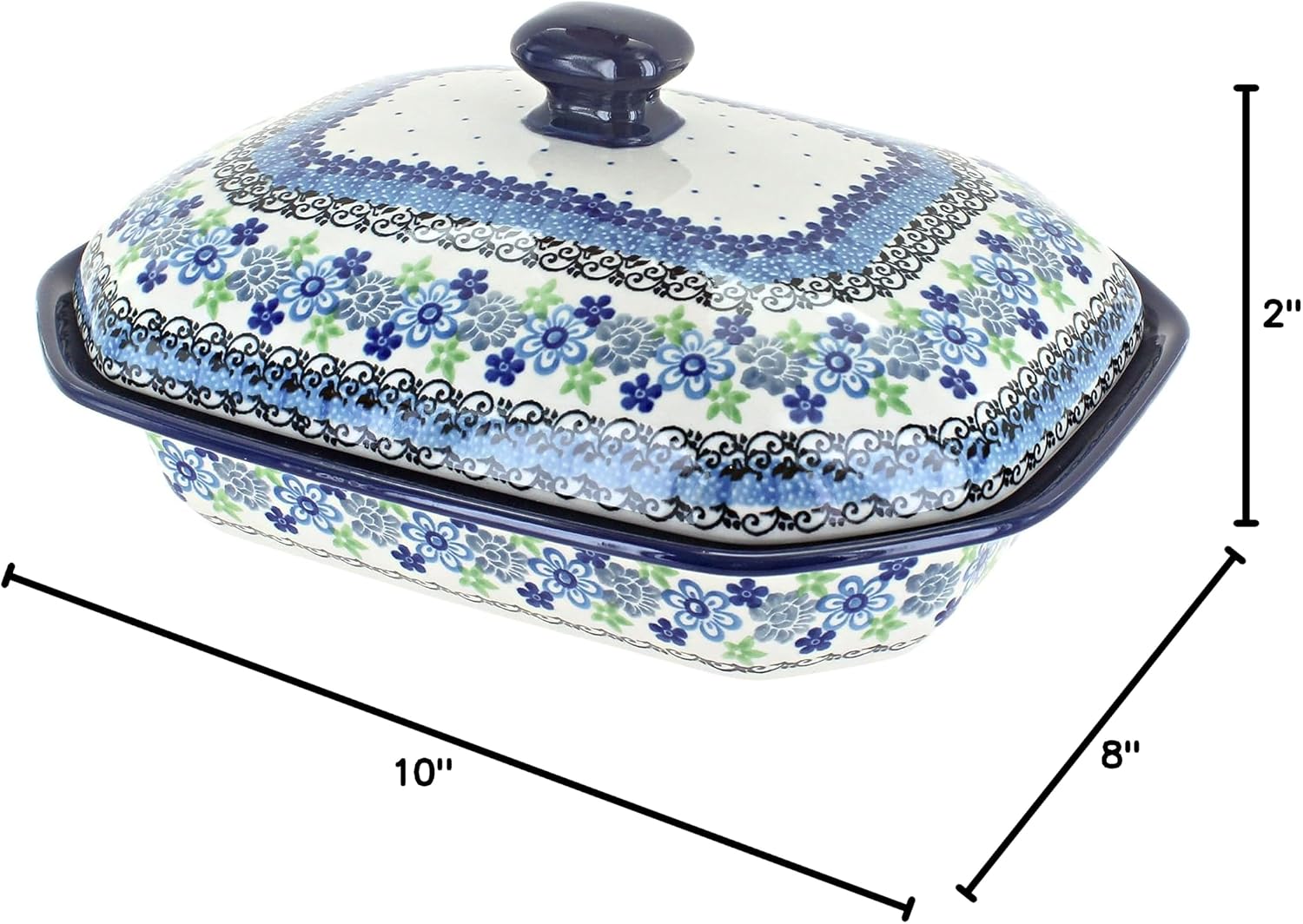 Blue Rose Polish Pottery - Blue Eliza Medium Covered Baker - 3 Cup Capcaity - Unique, Dishwasher Safe, & Durable Bakeware