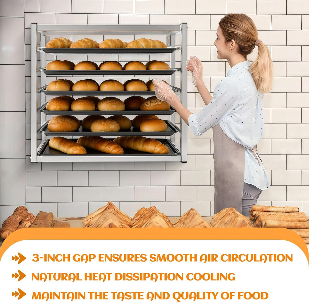Zonon 6 Tier Wall Mounted Sheet Bun Pan Rack, 28' x 18' x 21' Aluminum Baking Tray Racks Holds 6 Full-size Sheet Pans for Bakeries Restaurants Catering Kitchens(1 Pcs)