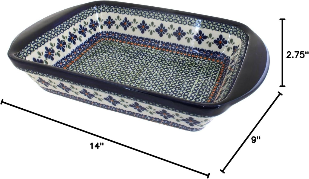 Blue Rose Polish Pottery - Green Mosaic Flower Large Rectangular Baker with Handles - 11.5' x 9.25' - Unique, Dishwasher Safe, & Durable Bakeware