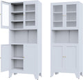 68.9'' Metal Kitchen Pantry Cabinet with Doors and Adjustable Shelves, Hutch Cabinet with Microwave Storage, Kitchen Cabinet Storage for Living Room, Bathroom, Home (White-Glass)