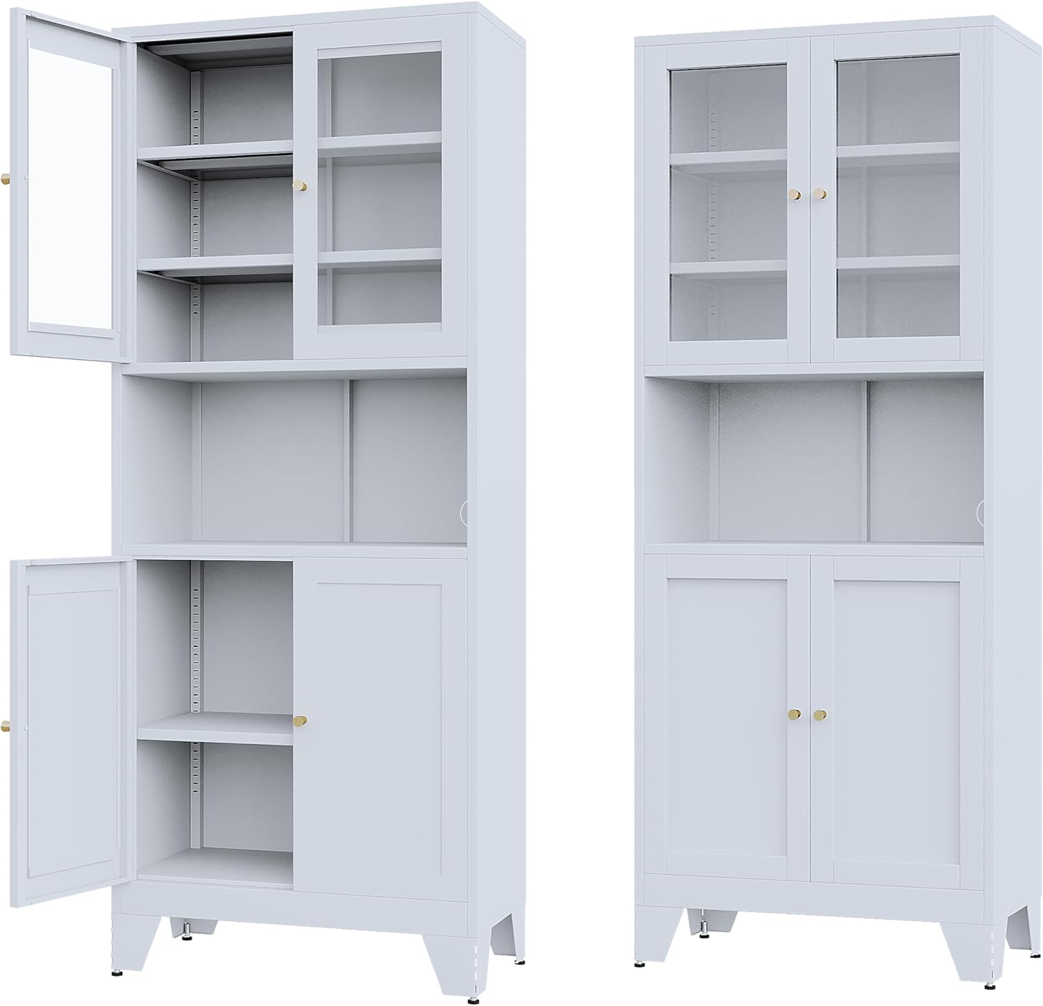 68.9'' Metal Kitchen Pantry Cabinet with Doors and Adjustable Shelves, Hutch Cabinet with Microwave Storage, Kitchen Cabinet Storage for Living Room, Bathroom, Home (White-Glass)