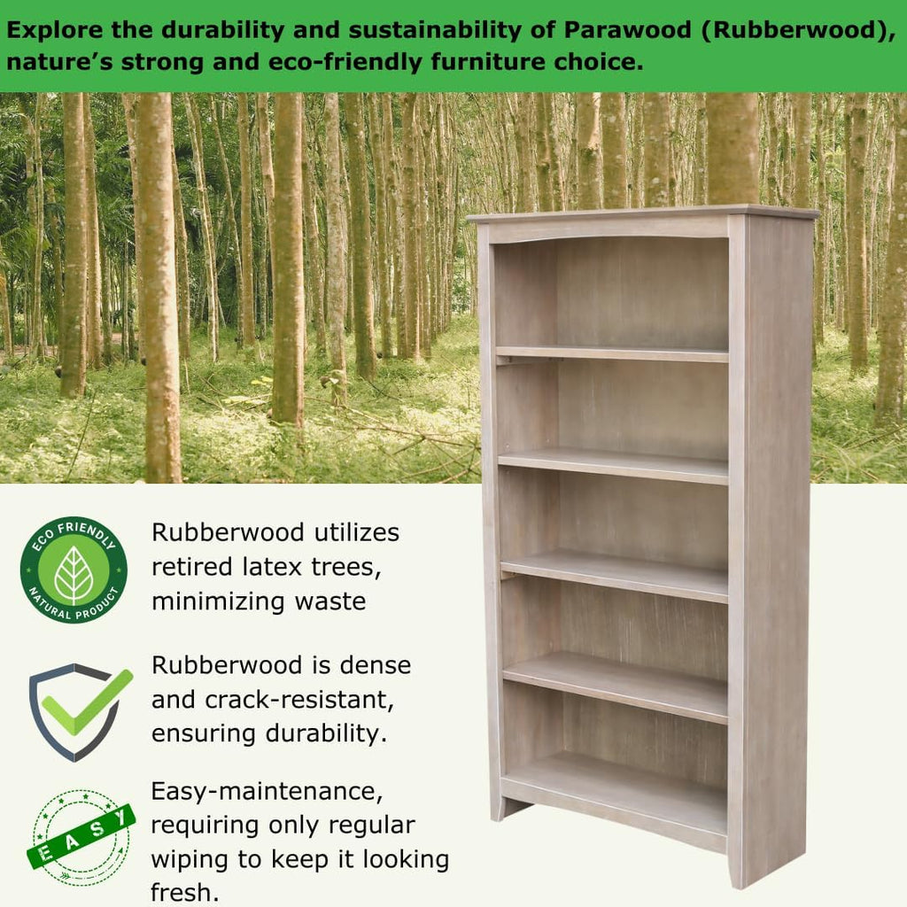 Shaker Solid Wood Bookcase, 60' High, Washed Gray Taupe