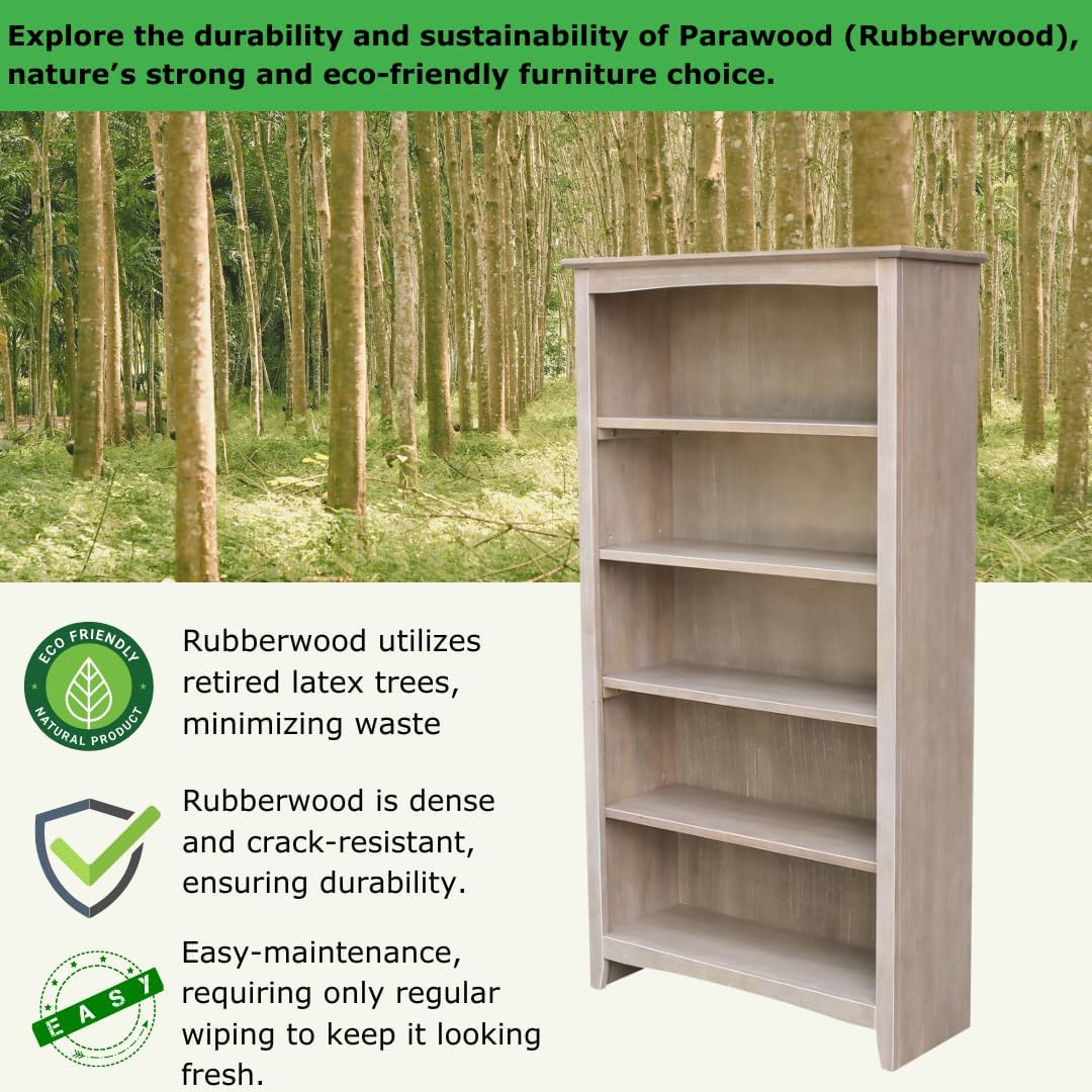 Shaker Solid Wood Bookcase, 60' High, Washed Gray Taupe
