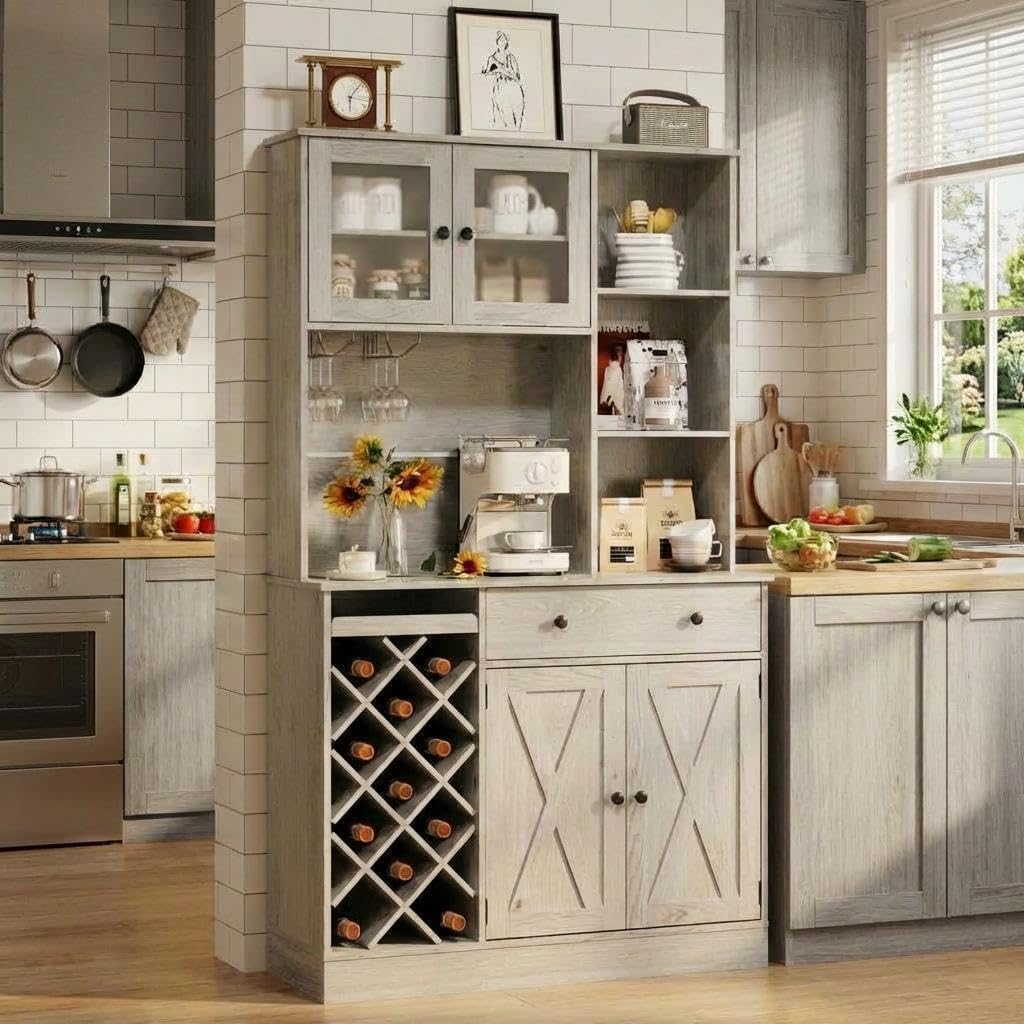 Wine Bar Cabinet with Built-in Power Outlets & Barn Doors - Sideboard Buffet with Wine Bottle Rack & Charging Station for Kitchen, Dining Room, Living Room