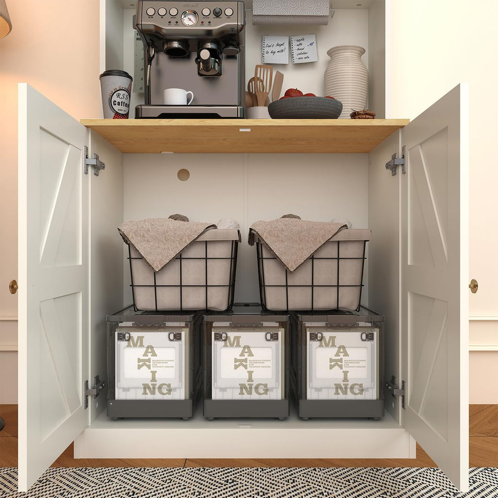 71' Tall Farmhouse Kitchen Pantry, Large Storage Cabinet with Glass Doors and Drawers, Freestanding Coffee Bar Hutch with Microwave Stand, Adjustable Shelves for Kitchen, Living Room, White 4 Pcs