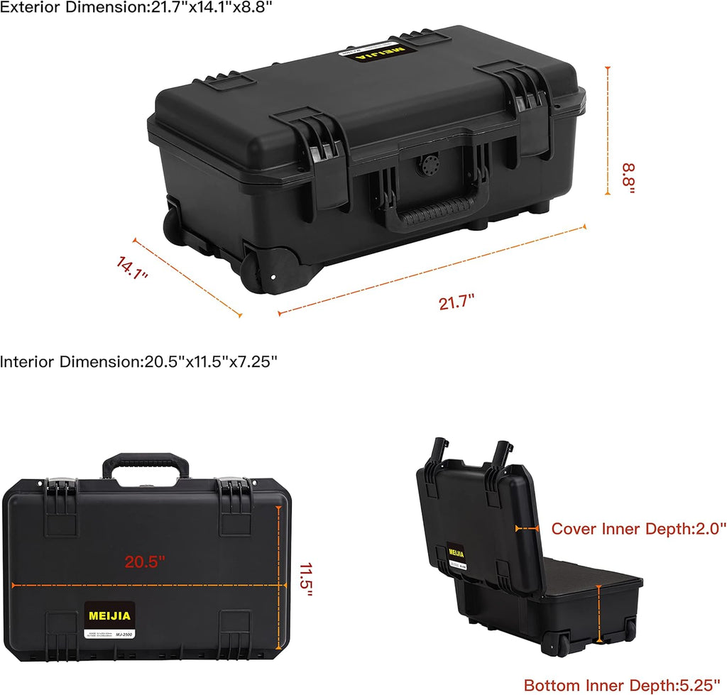 MEIJIA Premium Waterproof Hard Compact Rolling Camera Case with customizable fit foam and wheels,Full Protection with Light&Convenient Design,21.7'x14.1'x8.8',Elegant Black