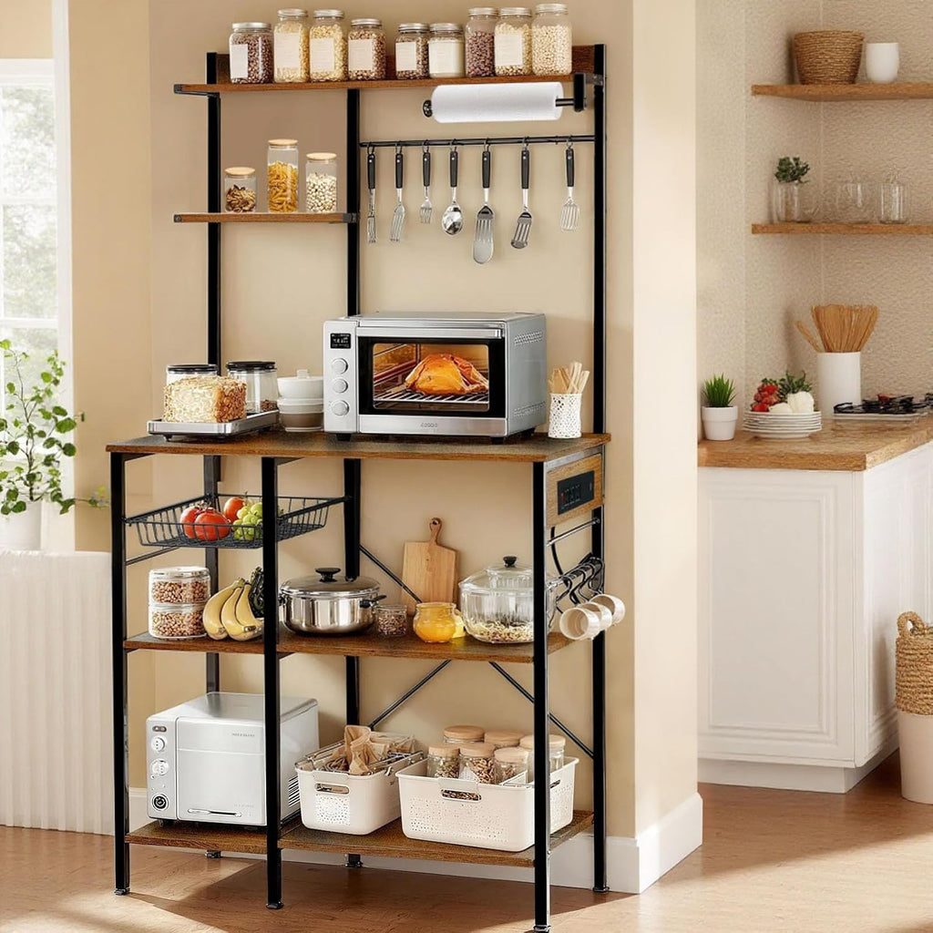 Bakers Rack with Power Outlet, Microwave Stand with Storage, Coffee Bar with S Shaped Hooks, Kitchen Shelf with Wire Basket, Metal Bakers Rack for Spices, Pots (Brown)