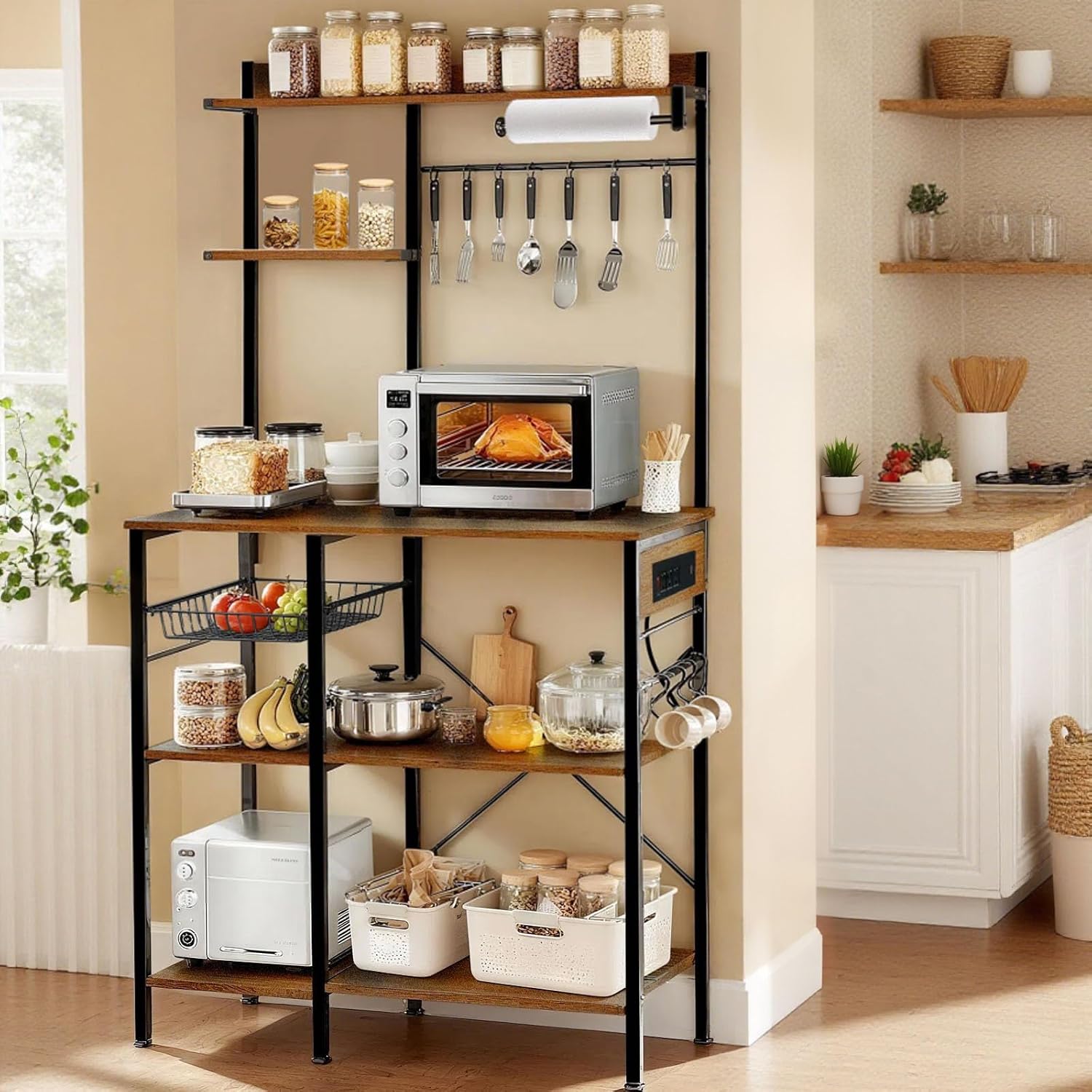 Bakers Rack with Power Outlet, Microwave Stand with Storage, Coffee Bar with S Shaped Hooks, Kitchen Shelf with Wire Basket, Metal Bakers Rack for Spices, Pots (Brown)