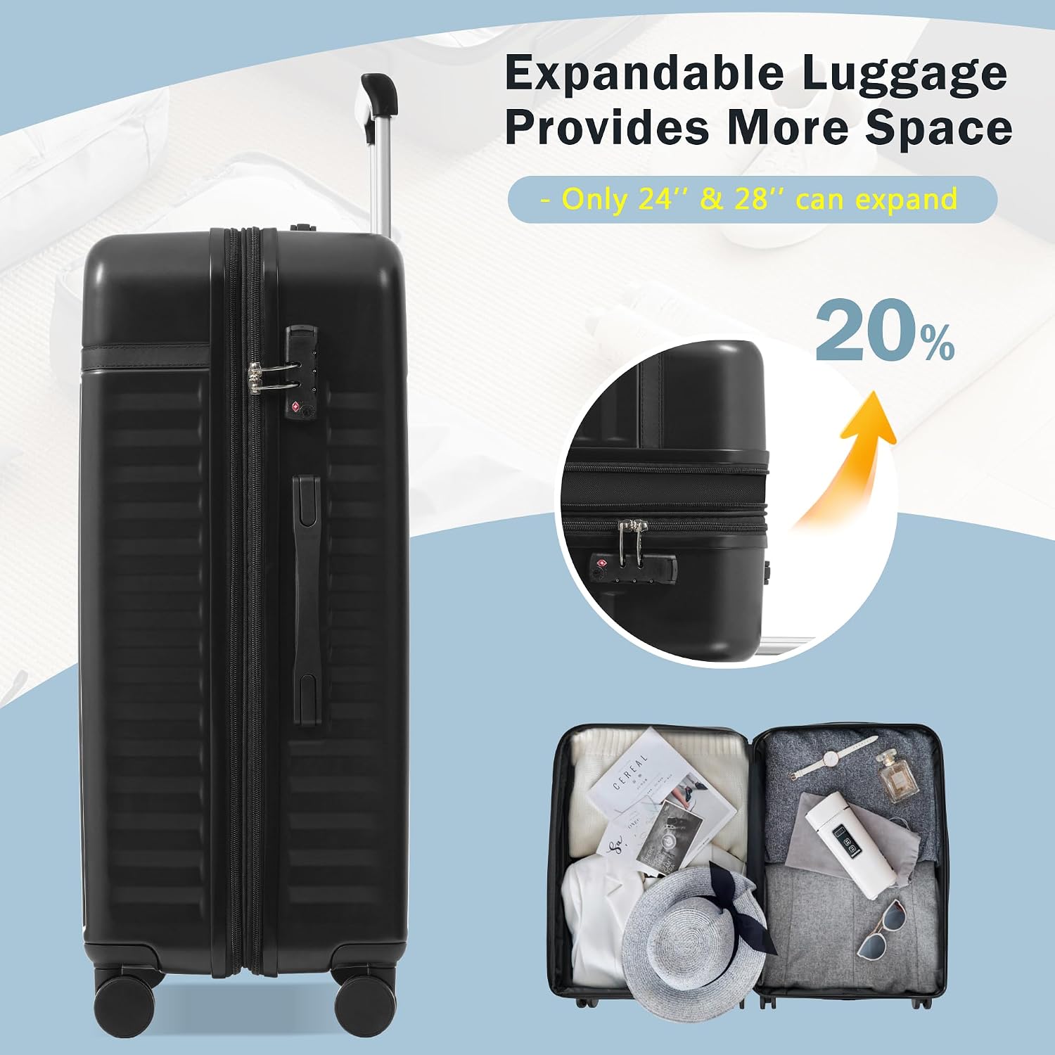 Merax 3 Piece Luggage Sets, Hardside Lightweight Carry on Suitcase,Durable Expandable Luggage with Travel Bags Spinner Wheels and TSA Lock,Black