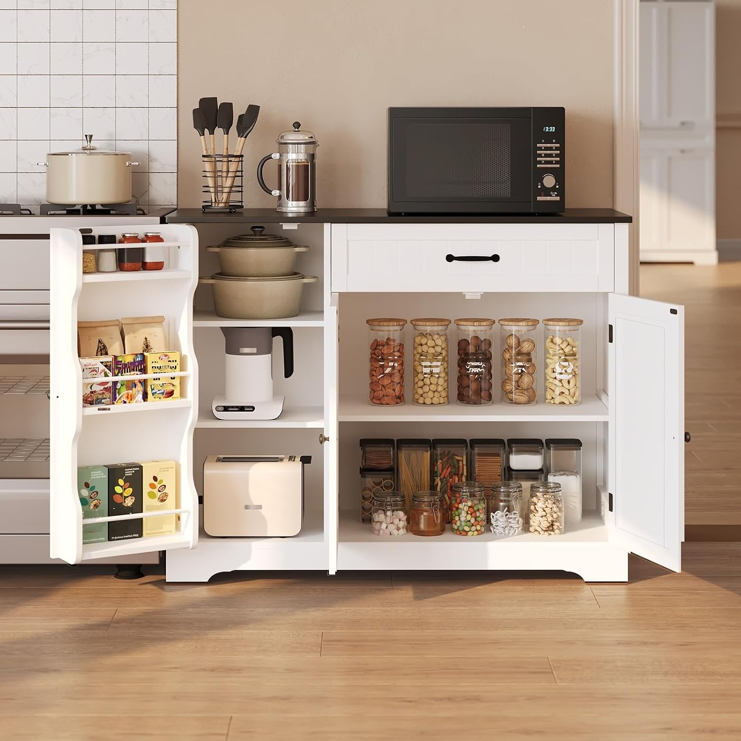 Gizoon Kitchen Coffee Bar Cabinet with Storage Kitchen Sideboard Buffet Cabinet with Drawers, Short Pantry with Door and Shelves for Bathroom and Living Room, White and Black, Painted