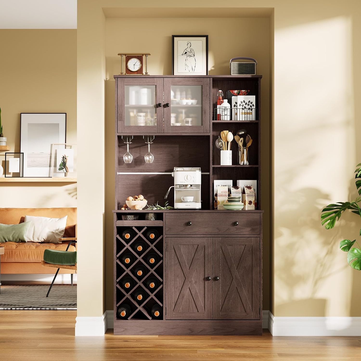 Coffee Bar Cabinet with Power Outlet & Exquisite Barn Doors, 72'' Sideboard Buffet Cabinet with Wine Bottle Rack, Large Kitchen Buffet with Storage and Wine Rack for Kitchen, Dining Room, Living Room