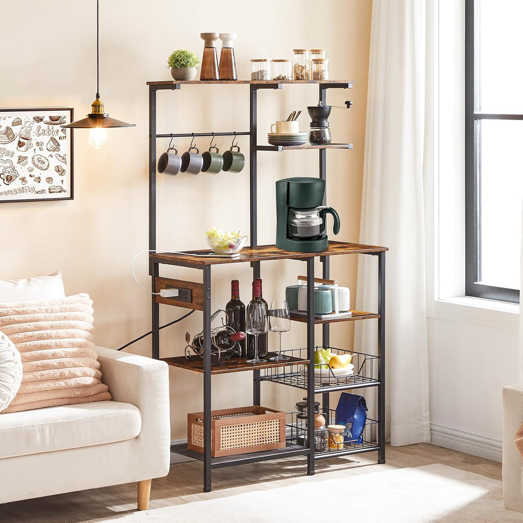 HOOBRO Bakers Rack with Power Outlet and Large Microwave stand with Power Outlets, 35.4 In Coffee Bar with Mesh Basket, Kitchen Shelf with Wire Basket, Rustic Brown and Black BF05HB01-BF64UHB01